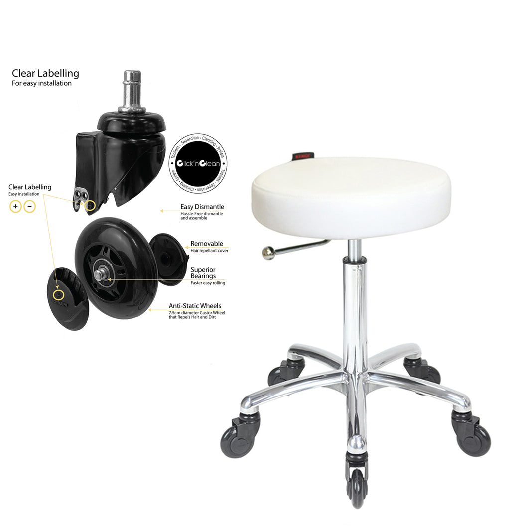 Stool White by Joiken (No Back, Chrome Base, Click 'n Clean Castor)